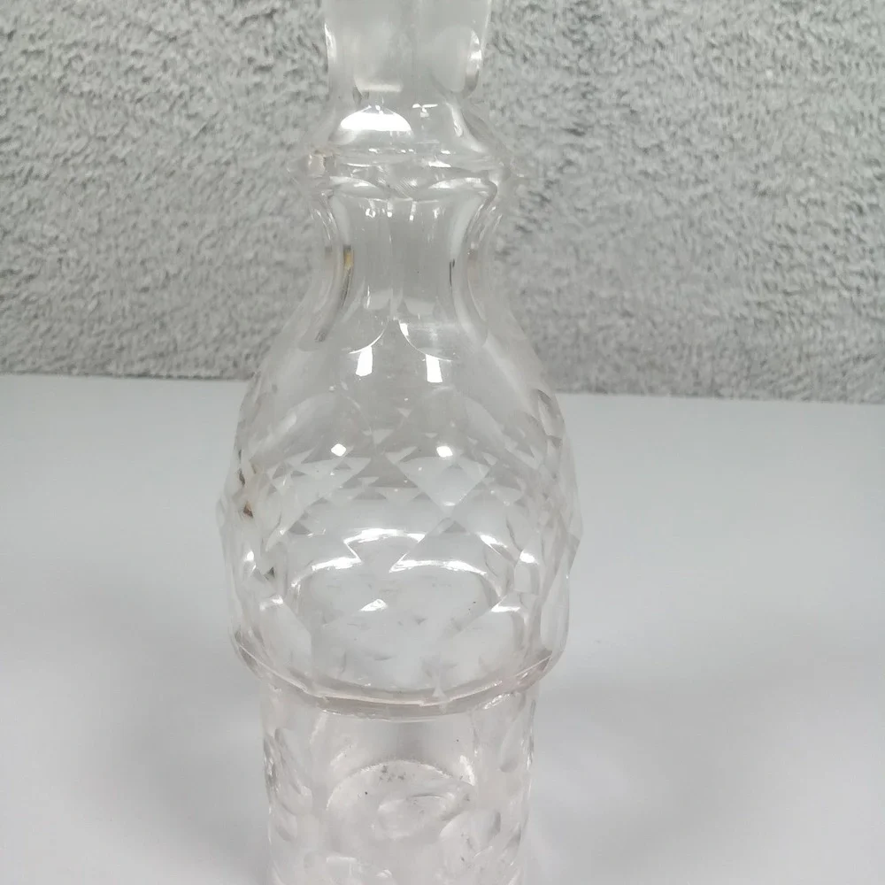 Vintage Clear Pressed Glass Decanter with Stopper Diamond Cut Pattern 7 inch